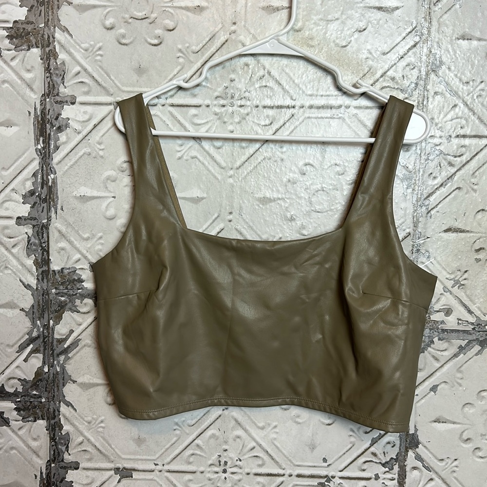 Olive Faux Leather Crop Tank Top - Women